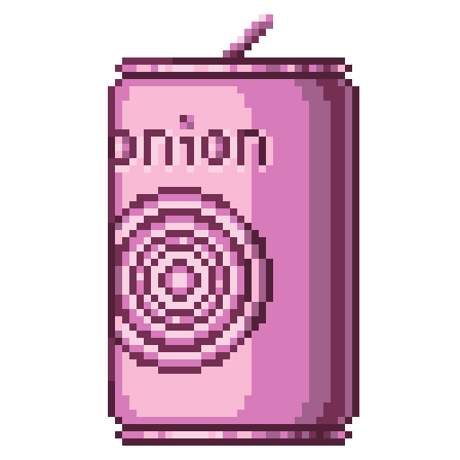 onion soda logo - a pixel art pink soda can with a red onion on it
